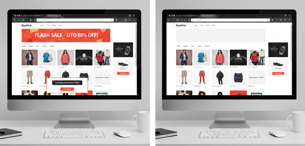 Before/after comparison showing ad-heavy webpage vs clean version
