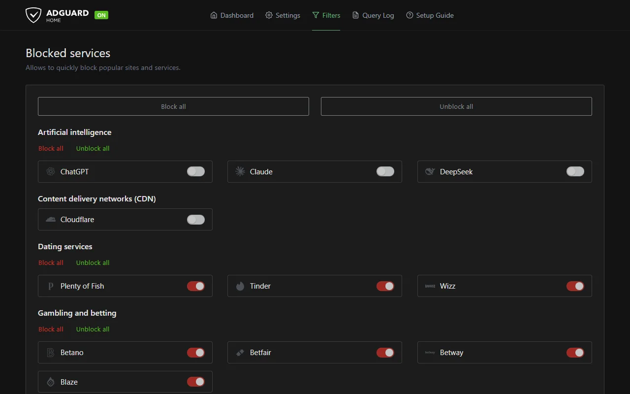 AdGuard Home blocked services page showing toggles to block AI chatbots, dating apps, and gambling sites