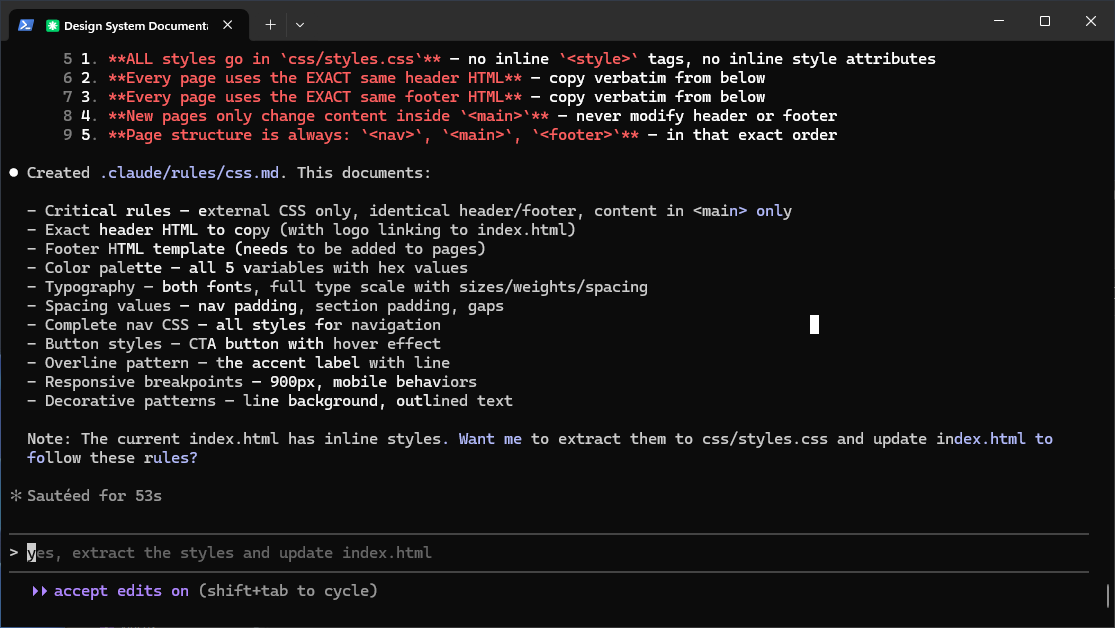 Claude Code terminal showing it created .claude/rules/css.md with design system rules and asking if it should extract inline styles to css/styles.css