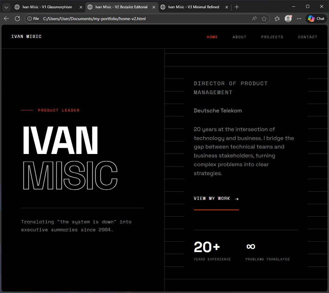 Design option V2 Brutalist Editorial: dark theme with large outlined name typography, split layout showing role and experience stats