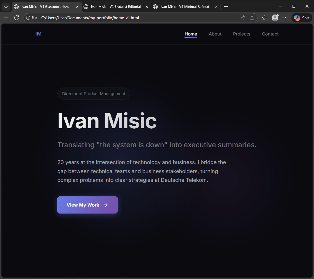 Design option V1 Glassmorphism: clean centered layout with gradient background, purple call-to-action button, and modern typography