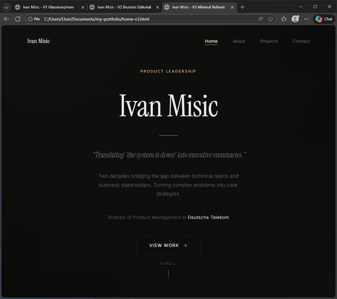 Design option V3 Minimal Refined: elegant dark theme with serif typography and understated layout