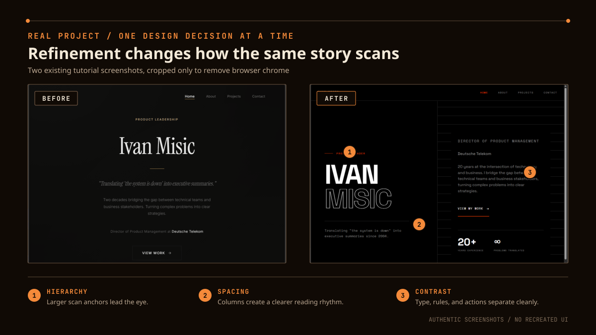 Side-by-side authentic portfolio homepage screenshots showing a centered minimal design before refinement and a stronger split-layout design after refinement