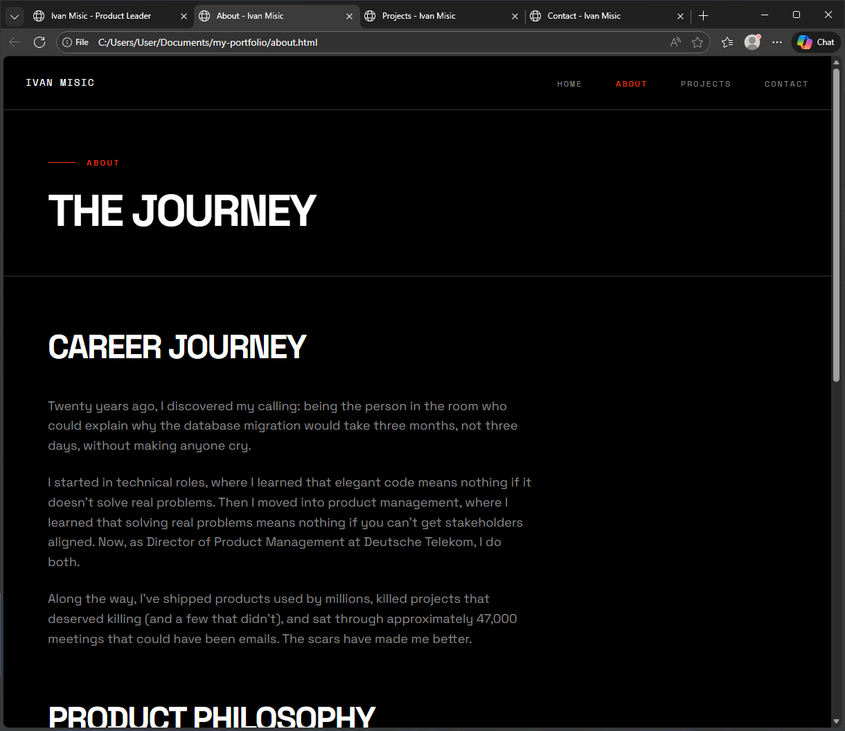 About page with The Journey heading and Career Journey story: identical navigation with About link highlighted, consistent dark theme and typography