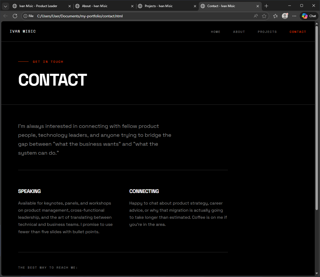 Contact page with Get In Touch heading, Speaking and Connecting sections describing availability for keynotes and coffee chats, same consistent header and navigation
