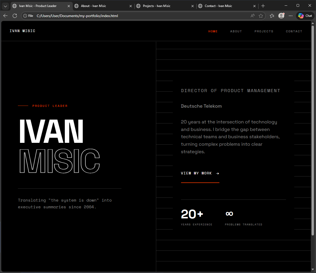 Completed portfolio home page in browser: dark theme with large outlined IVAN MISIC typography, Product Leader tagline, 20+ years experience stats, and navigation highlighting Home
