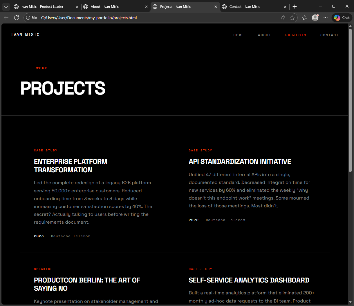 Projects page showing case study cards: Enterprise Platform Transformation, API Standardization Initiative, ProductCon Berlin talk, and Self-Service Analytics Dashboard in two-column grid