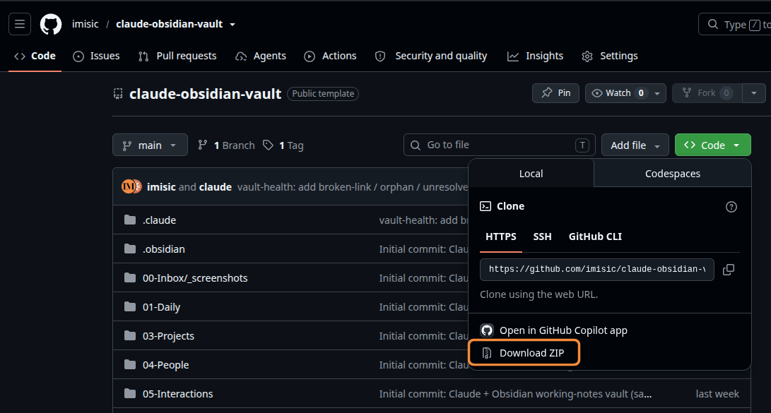 The vault template GitHub page with the green Code menu open and the Download ZIP option highlighted
