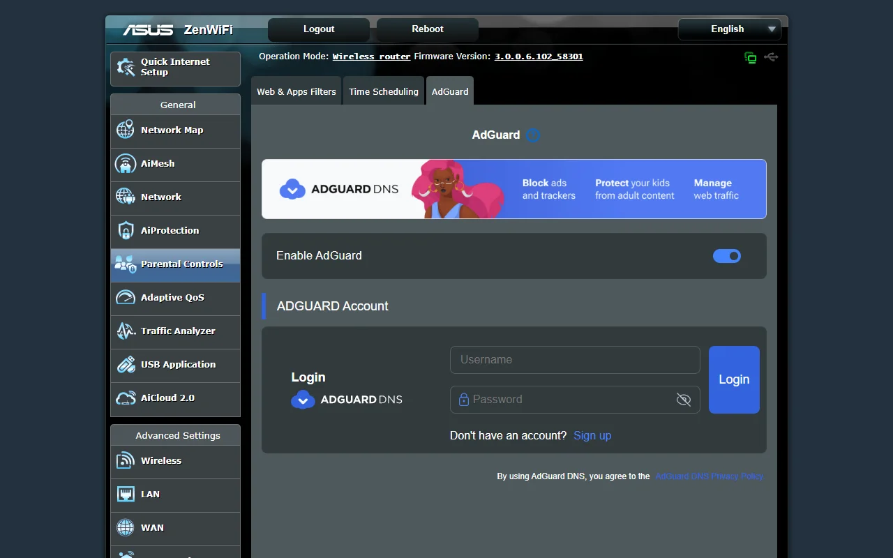 ASUS ZenWiFi router admin panel showing built-in AdGuard DNS toggle in Parental Controls