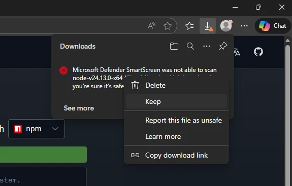 Browser download warning - click Keep to save the installer