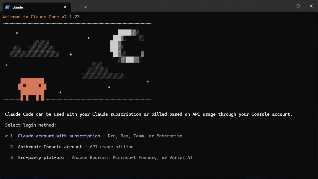 Claude Code login method selection