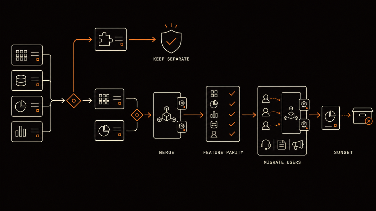 Decision map showing a distinct app kept separate while overlapping apps merge, reach feature parity, migrate users and support touchpoints, then sunset the old app