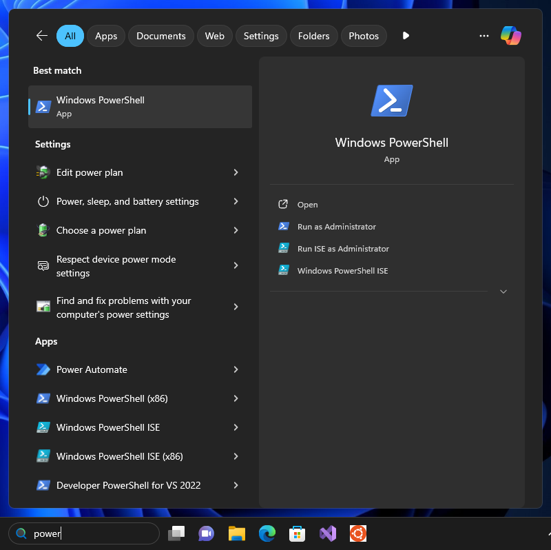 Windows Start menu showing PowerShell search results