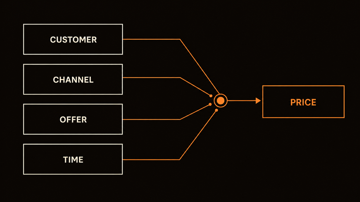 Pricing decision diagram showing customer, channel, offer, and time converging into one price