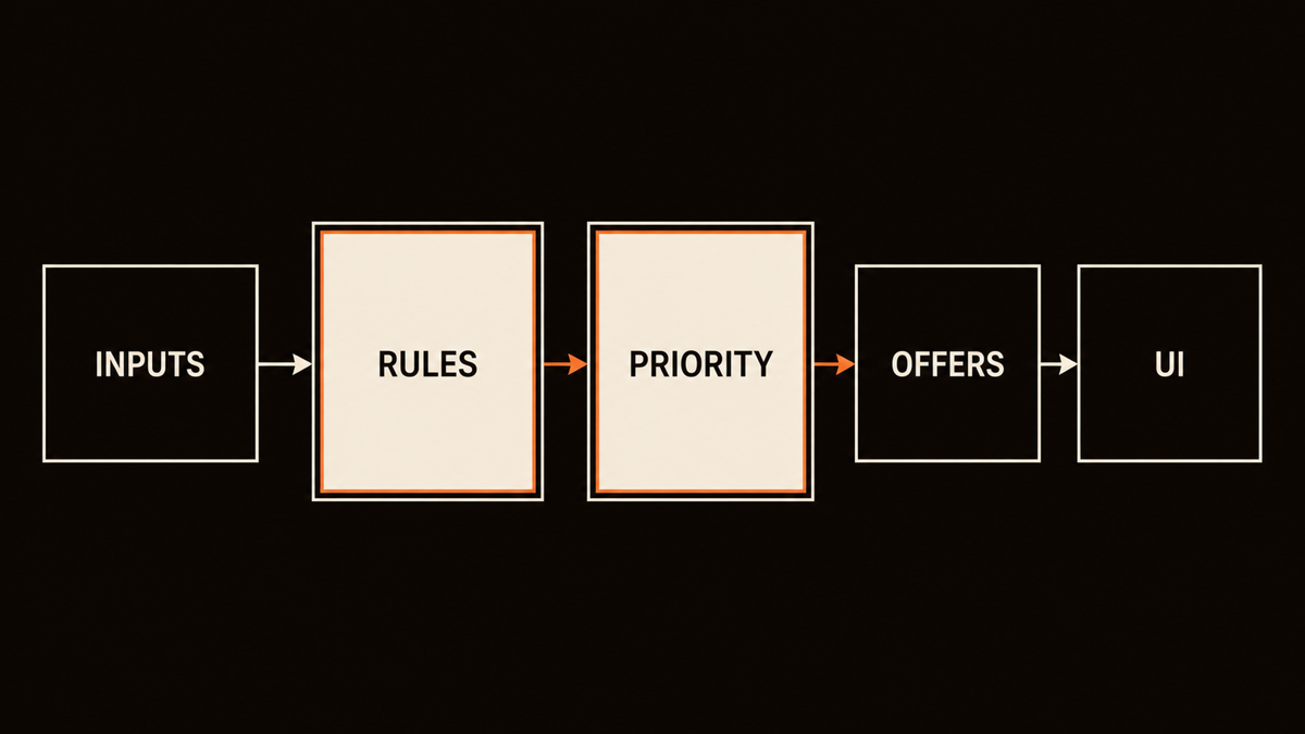 Recommendation flow from customer and product eligibility through explicit rules and priority to offers shown in the interface