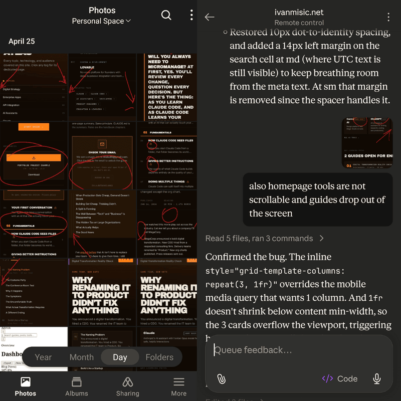 Claude Code remote session driven from a phone: screenshot in, fix pushed, refreshed UI verified on mobile