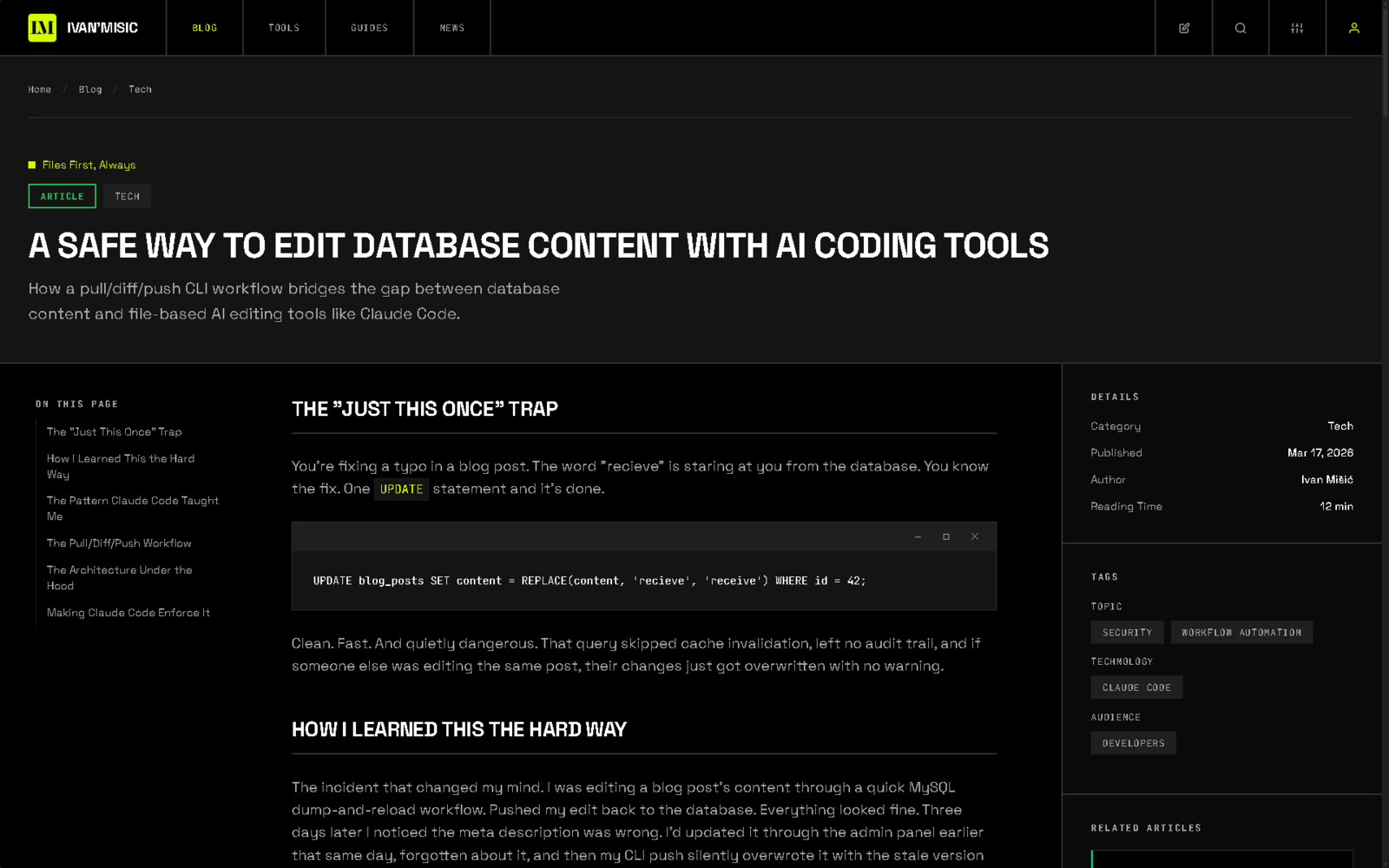 Old article layout in the v1 brutalist design: black canvas, sticky table of contents on the left, lime accents on category pills and the inline UPDATE keyword, mono-uppercase navigation, hairline rules between sections